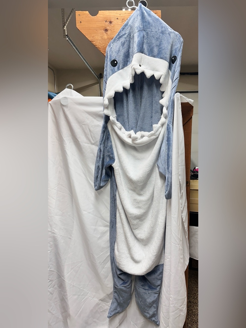 Plush Shark Onesie and Slippers- White and Blue